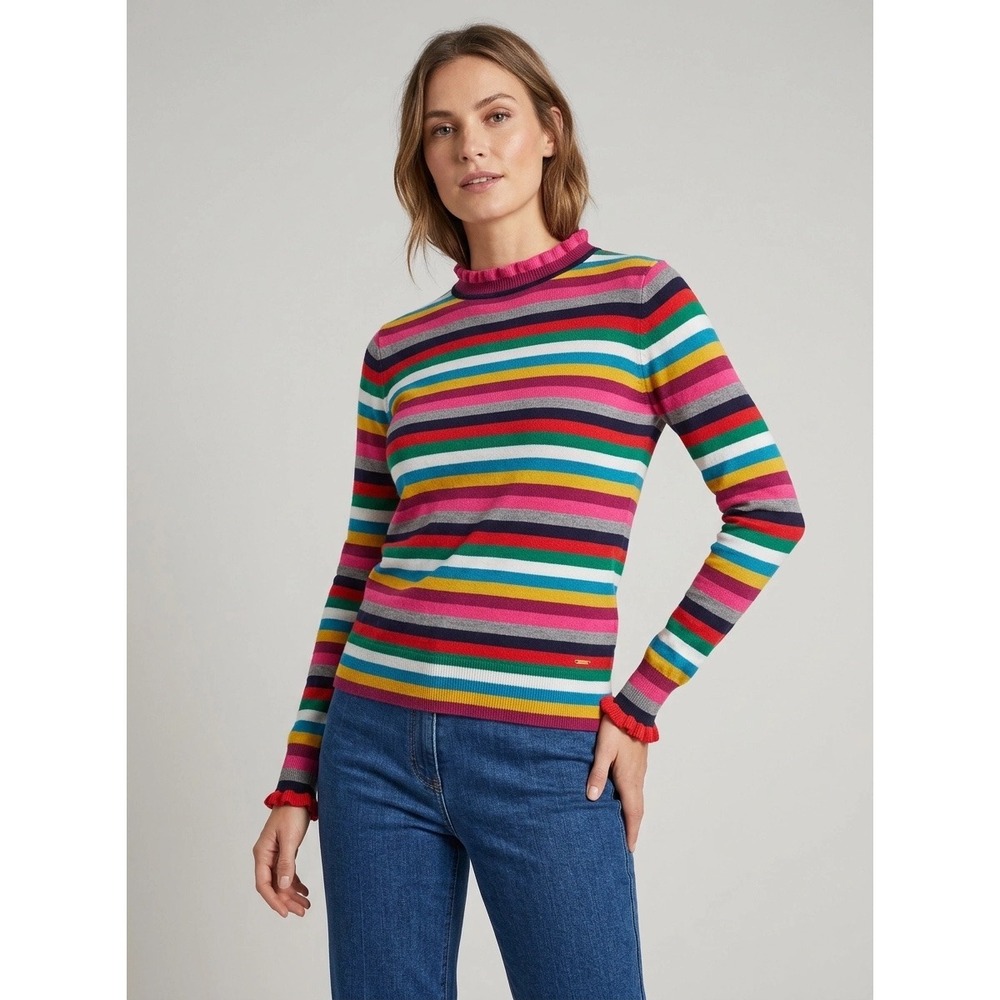 Joules 8 Gabrielle Sweater Multi Color Striped Ruffle Rainbow Colorful Whimsy